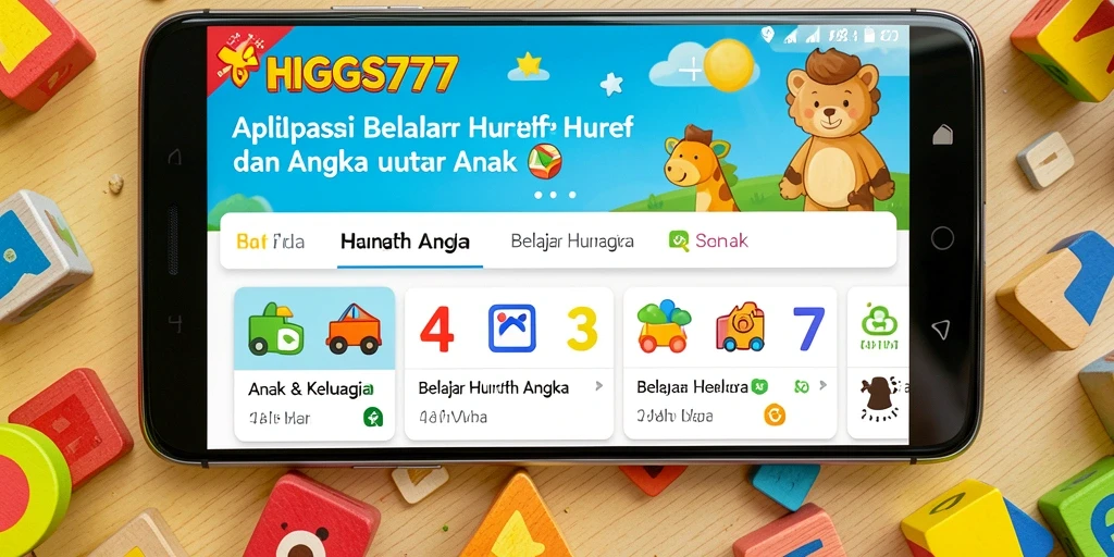 Tampilan antarmuka HIGGS777 yang menarik untuk belajar huruf dan angka.